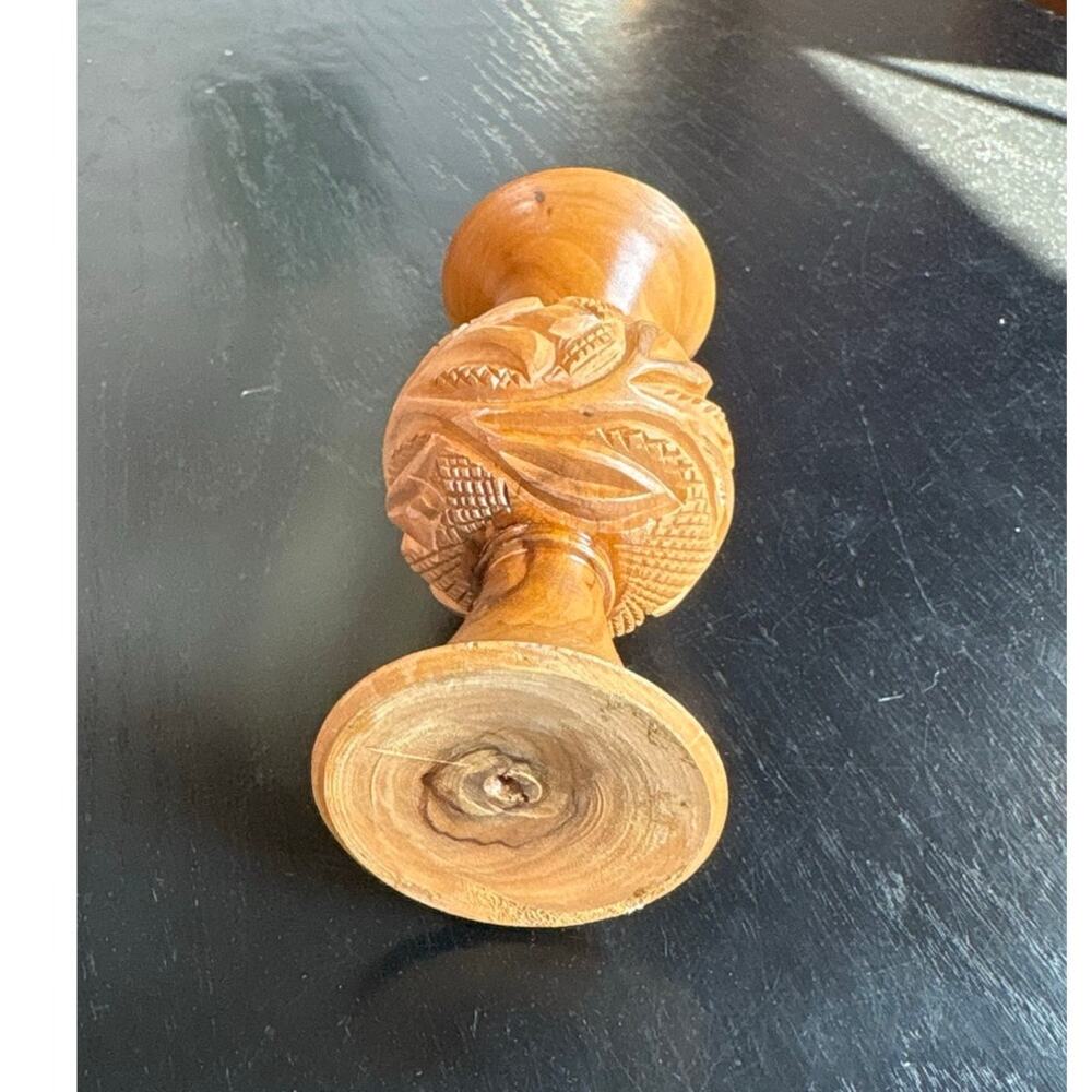 Vintage Mini Wood Carved Decor Florals Medium Brown Bud Vase- 5.5" Neutral Boho - Picture 4 of 7